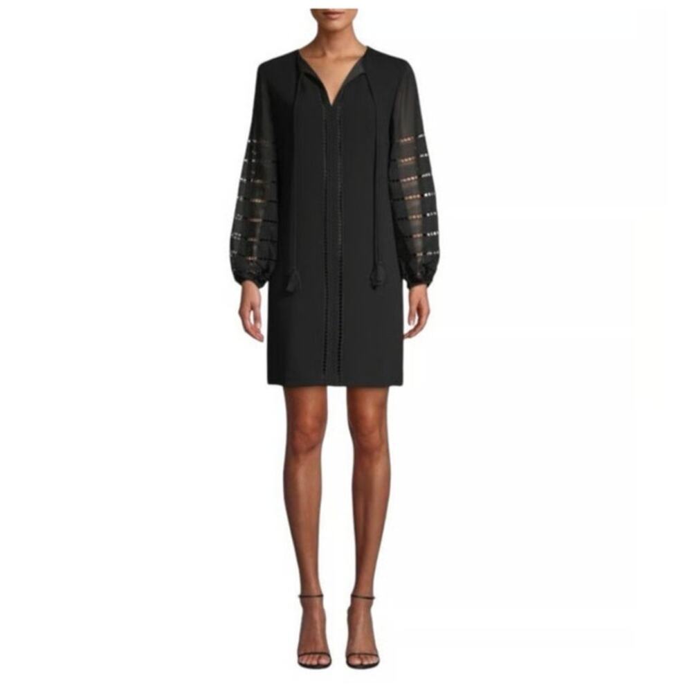 Trina Turk "Bordeaux" Black Dress with Sheer Eyelet Long Sleeves, Size 2